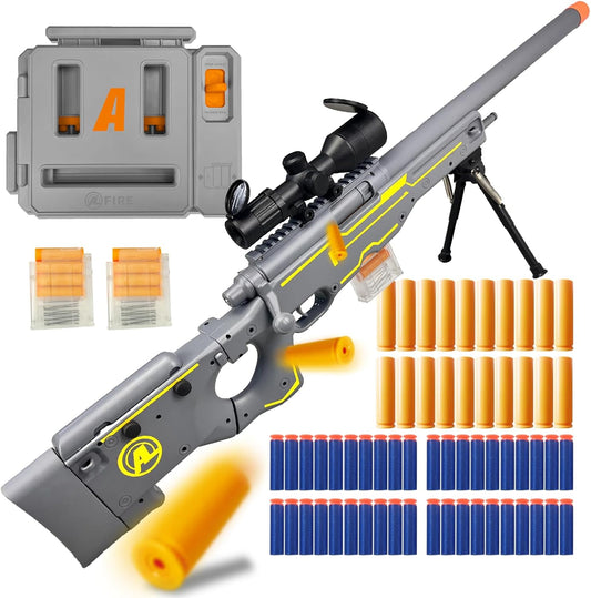 AWM Foam Dart Blaster, Shell Ejecting Model with Scope, Metal Components, Foldable Stock, 40 Darts, 20 Shells. Tactical CS Game Prop for Teens 14+ and Adults (Gold)