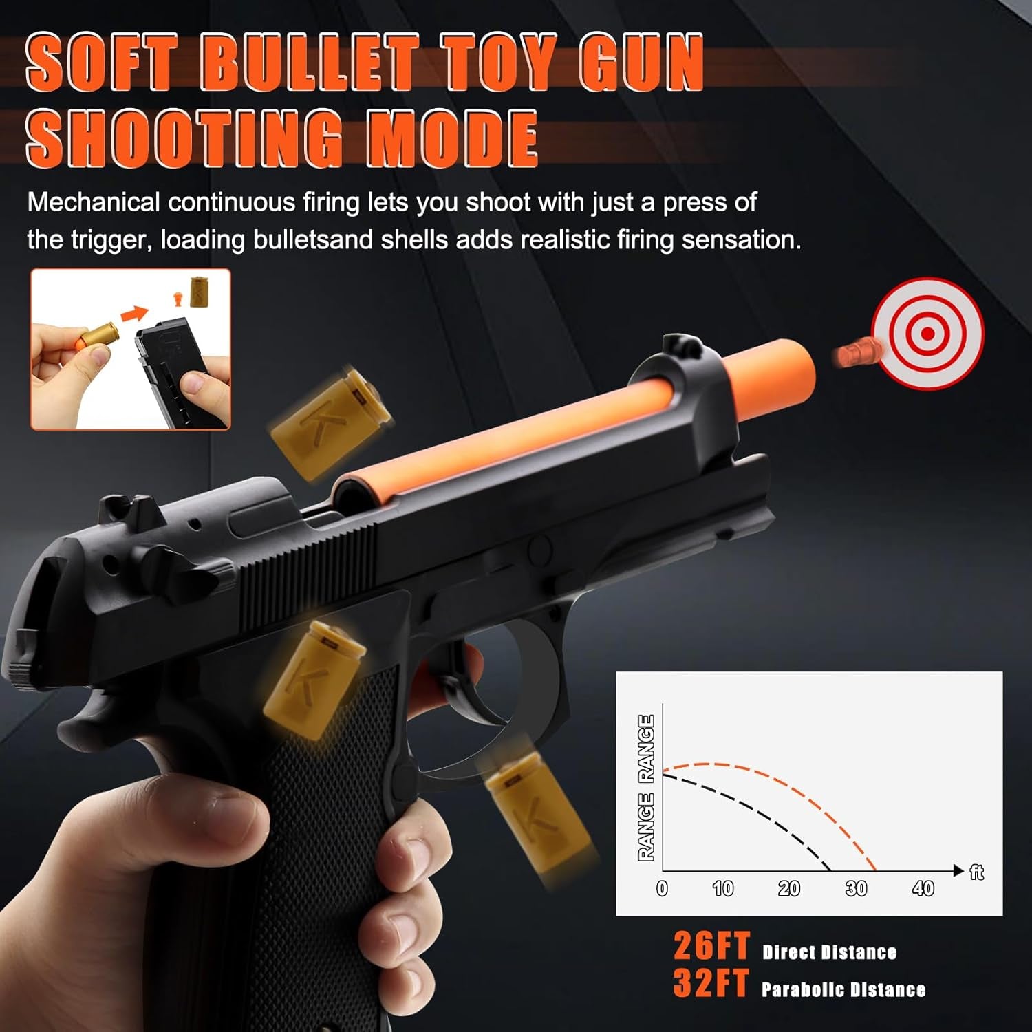 Automatic Shell Ejecting Toy Gun - 26-32FT Range, 2 Modes (Shooting & Fidget) with 2 Magazines, 18 Shells, 100 Foam Bullets - Safe Fun Idea Gifts for Brithday Christmas Halloween