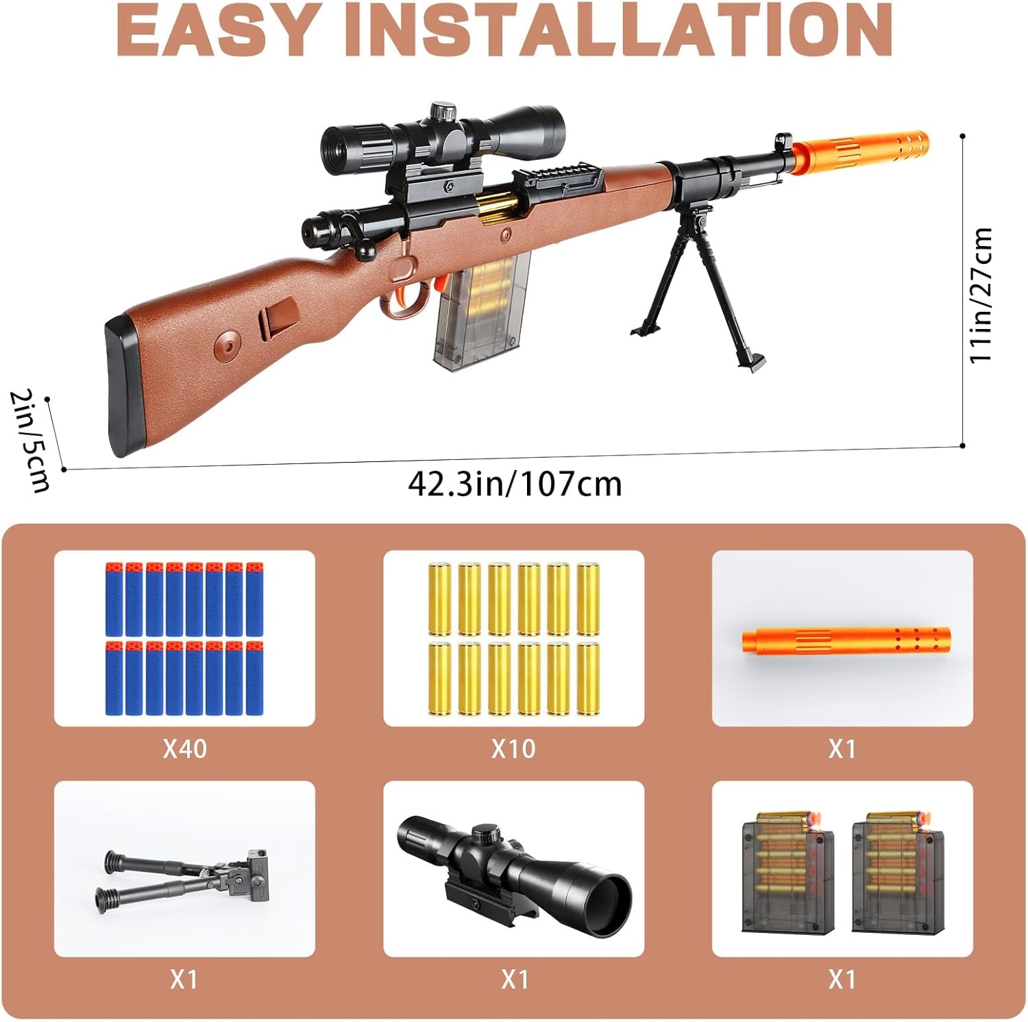 Toy Sniper Rifle Gun with Shell Ejecting Mechanism, Spring-Powered Pump Action, Realistic Design for Outdoor Shooting Games & Collectors, Safe Foam Bullets for Kids Ages 8+