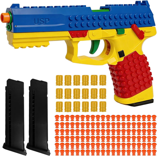 Building Brick Shell Ejecting Toy Gun, Block Mini Blaster Gun, Soft Bullet Toy Pistols for Kids, Boys and Girls (Blue)