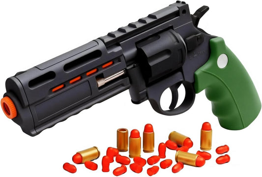 Green Revolver Toy Gun for Kids 8+ - Outdoor Foam Bullet Blaster with 18 Shells & 100 Bullets, 32 Feet Range, Steel Ejector Rod & Auto-Rotating Cylinder for Backyard Battles