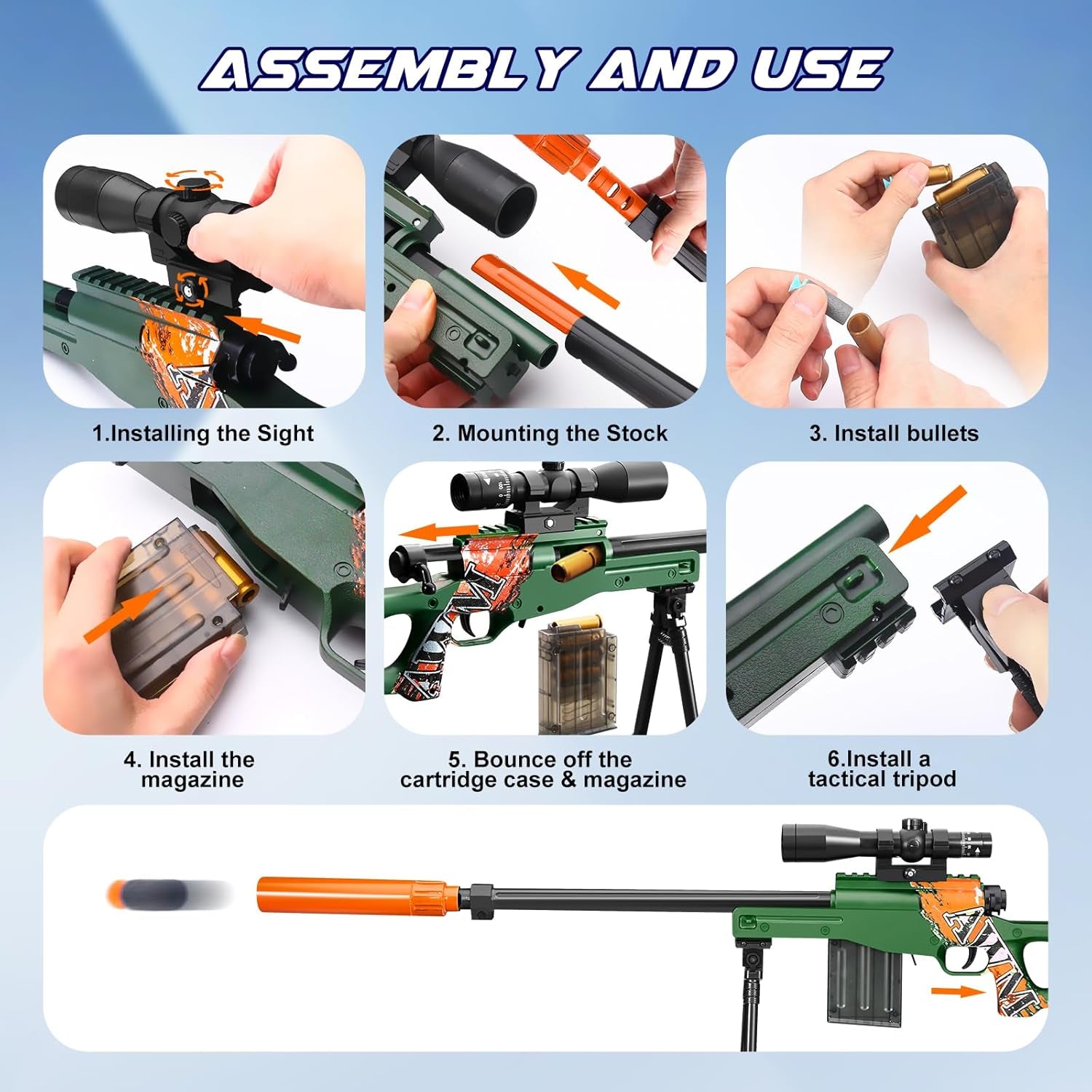 Realistic Soft Bullet Toy Gun Fake Foam Pellet Blasters Stress Shot Shell Ejecting with Scope Sniper Rifle Dare Prop for Boys Age 8+ 9 10 11 12 Year Birthday Gifts (Green)