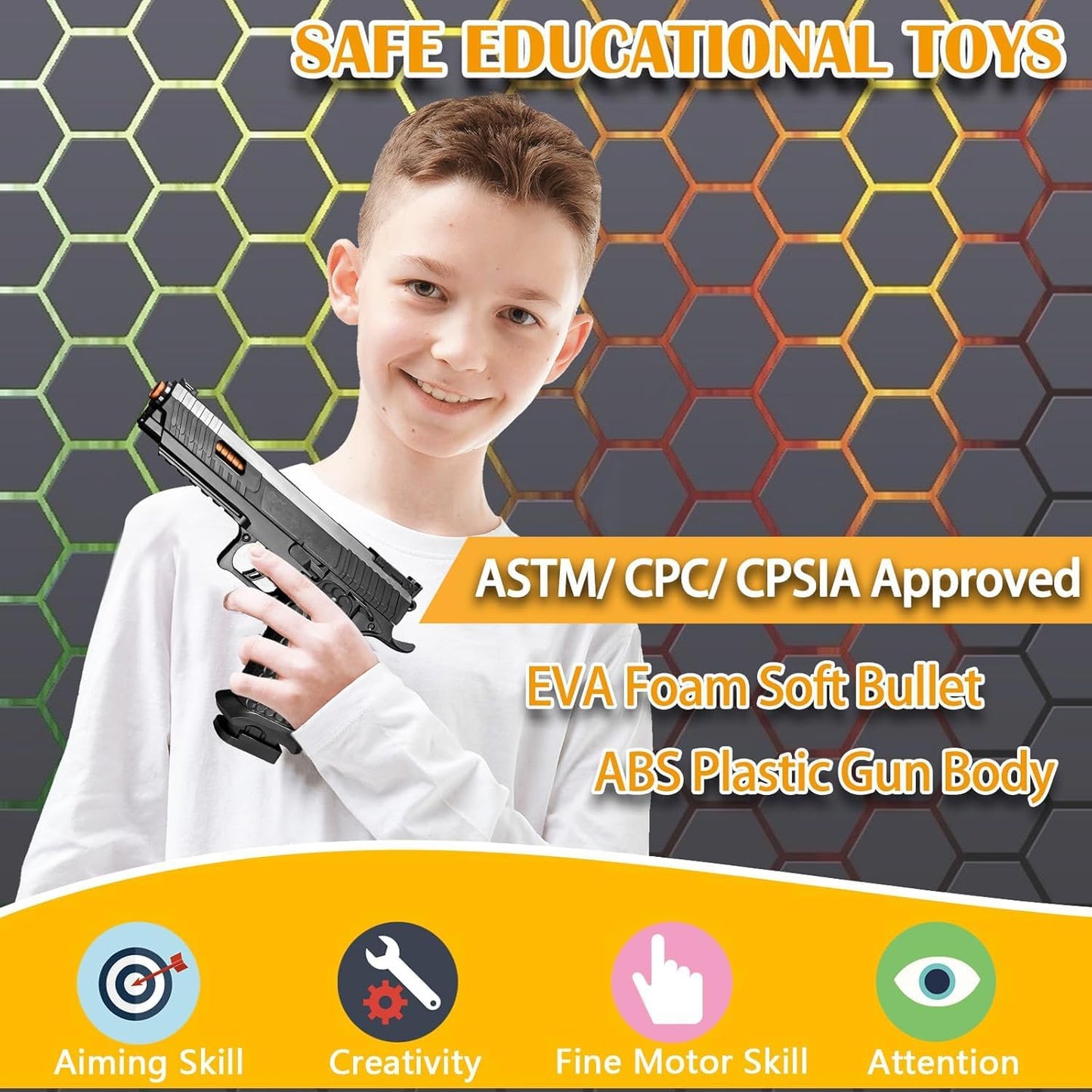 Shell Ejecting Toy Gun, Semi Automatic Toy Gun with Soft Bullets, Educational Model Toy Pistols for Outdoor Shooting Game, for Kids Boys Girls Ages 8- (Black)