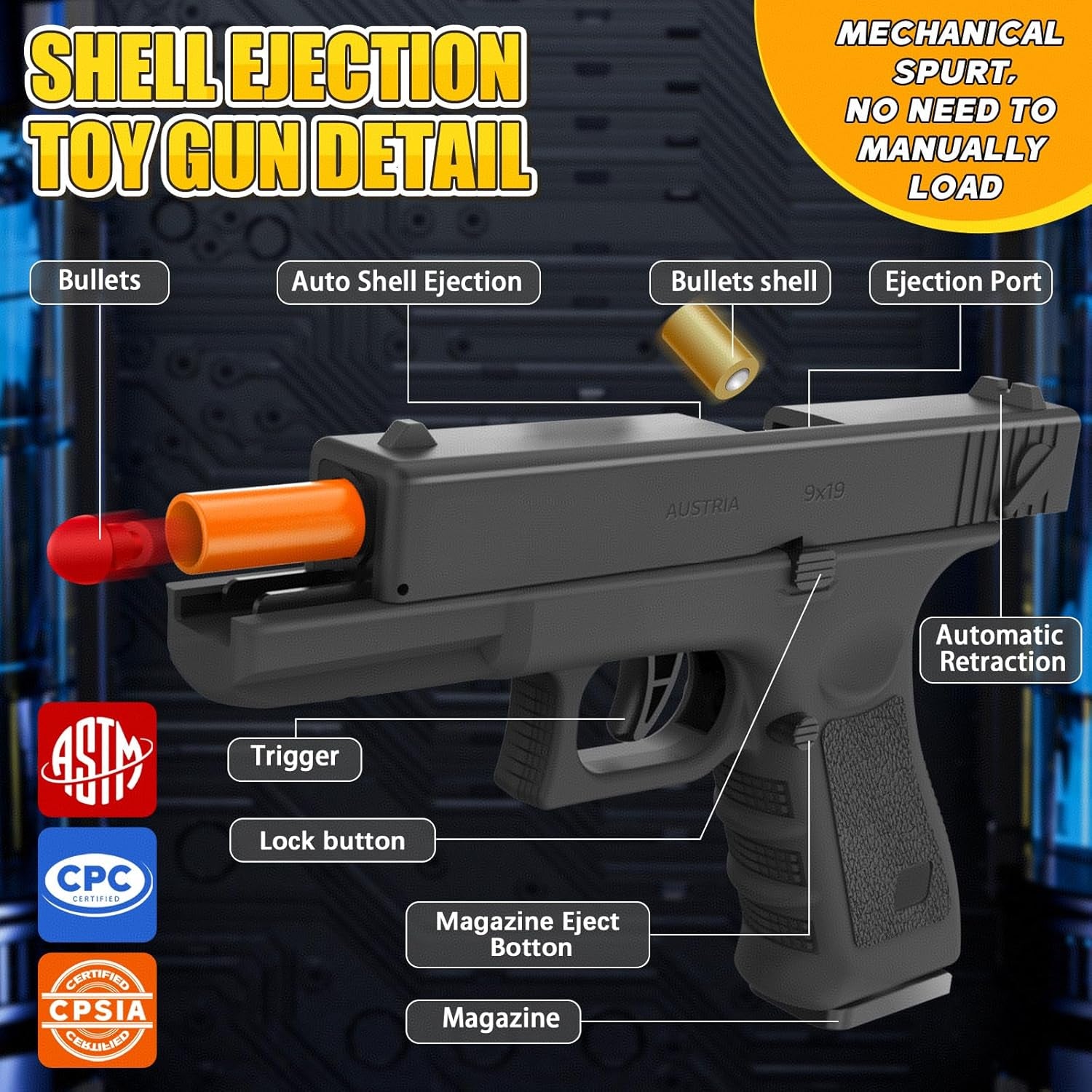 Soft Bullet Toy Gun with Shell Ejecting,Gun Fidget Toy with 100 Soft Bullets, 24 Shells and 2 Magazines,Education Toy Model,Christmas Birthday Gifts for Boys&Girls Kids Adults Age 8+(Black)
