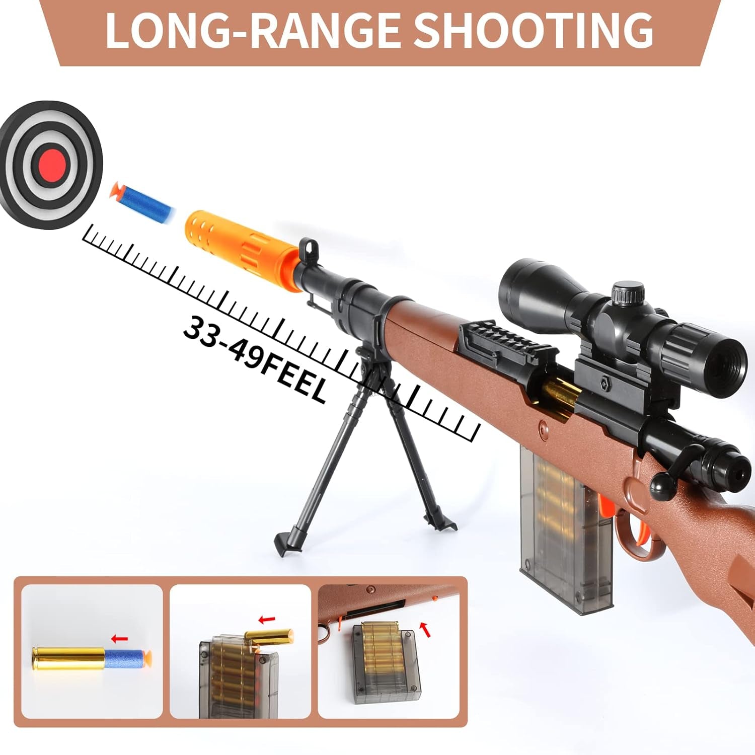 Toy Sniper Rifle Gun with Shell Ejecting Mechanism, Spring-Powered Pump Action, Realistic Design for Outdoor Shooting Games & Collectors, Safe Foam Bullets for Kids Ages 8+