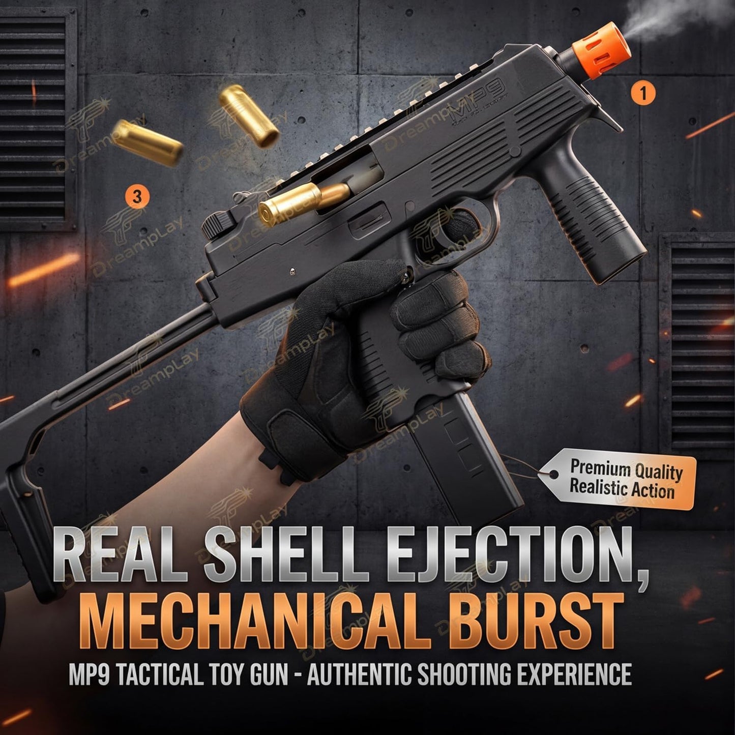 MP9 Toy Gun, Realistic Automatic Shell Ejecting Toy Gun with Buttplate Pull Back Action Shooting Games Education Model Toy for Kids Gifts