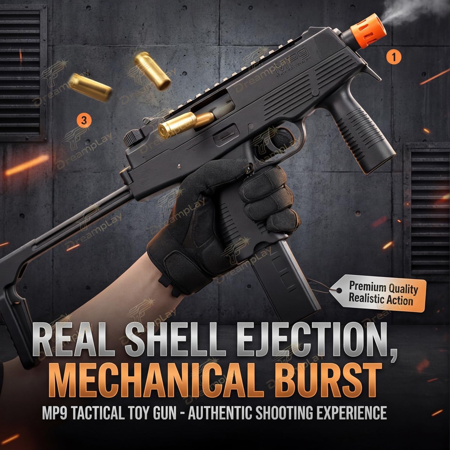 MP9 Toy Gun, Realistic Automatic Shell Ejecting Toy Gun with Buttplate Pull Back Action Shooting Games Education Model Toy for Kids Gifts