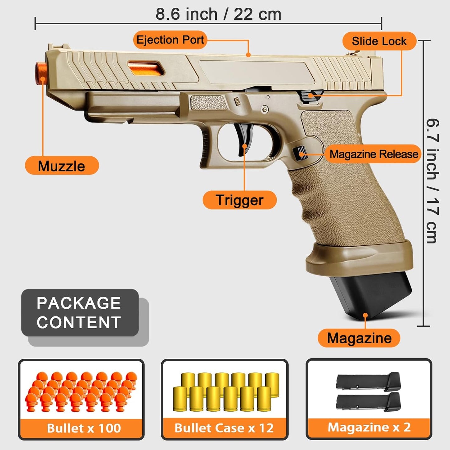 Automatic Shell Ejecting Toy Gun, Soft Bullet Toy Gun Pistol for Kids, Boys and Girls 8-12 (Khaki)