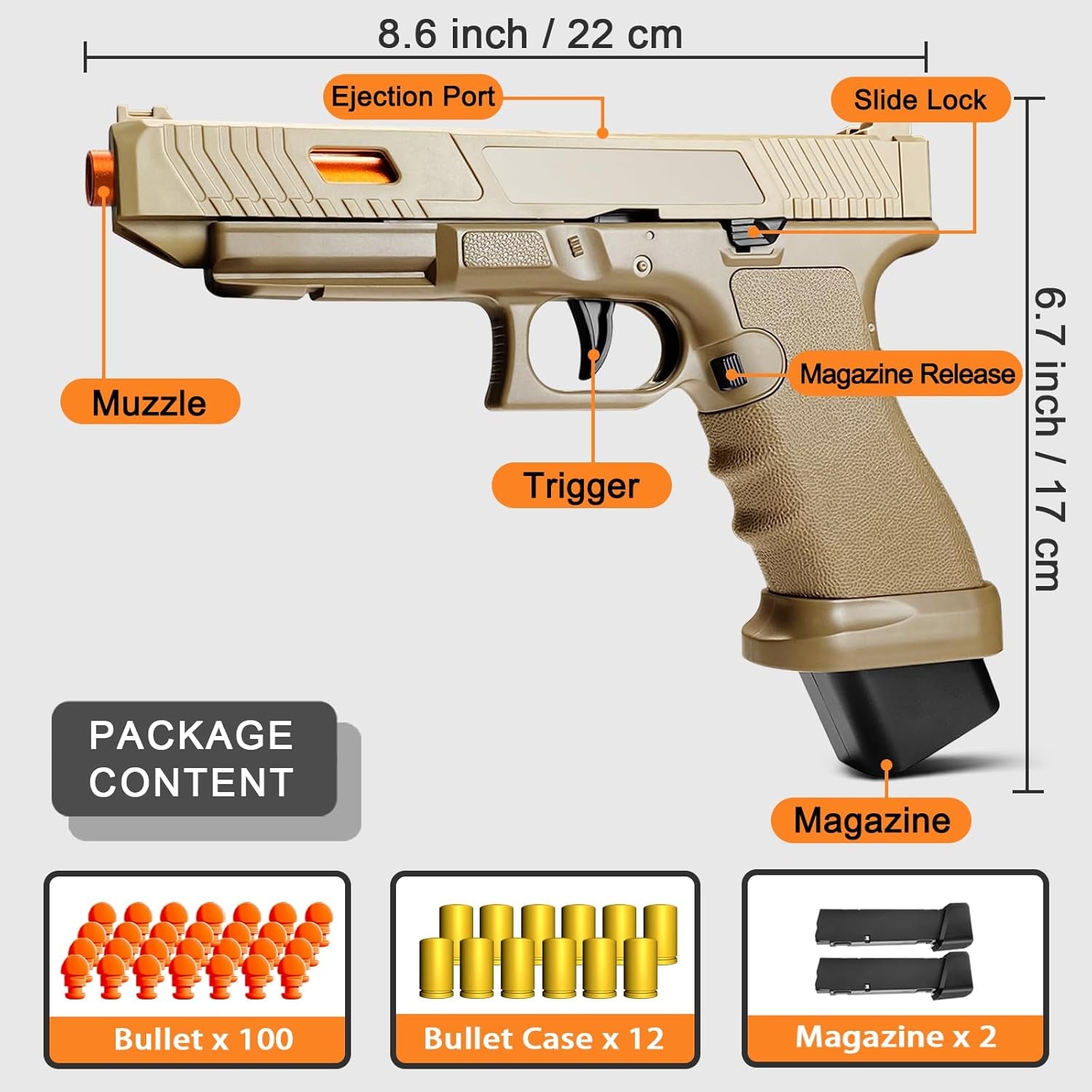 Automatic Shell Ejecting Toy Gun, Soft Bullet Toy Gun Pistol for Kids, Boys and Girls 8-12 (Khaki)
