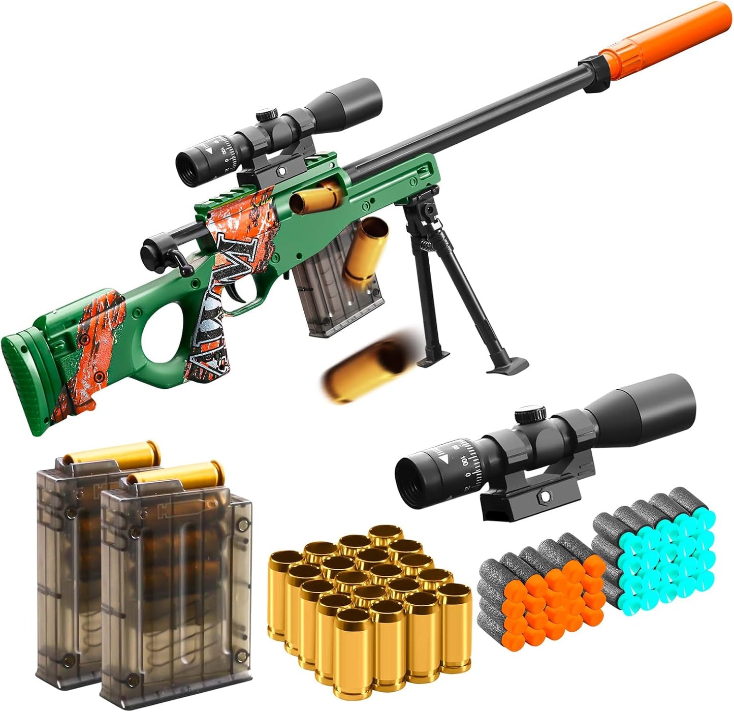 Realistic Soft Bullet Toy Gun Fake Foam Pellet Blasters Stress Shot Shell Ejecting with Scope Sniper Rifle Dare Prop for Boys Age 8+ 9 10 11 12 Year Birthday Gifts (Green)