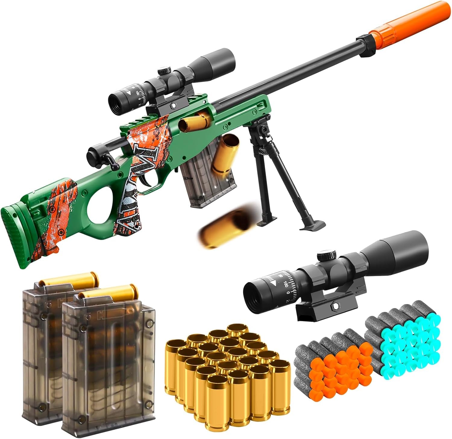 Realistic Soft Bullet Toy Gun Fake Foam Pellet Blasters Stress Shot Shell Ejecting with Scope Sniper Rifle Dare Prop for Boys Age 8+ 9 10 11 12 Year Birthday Gifts (Green)
