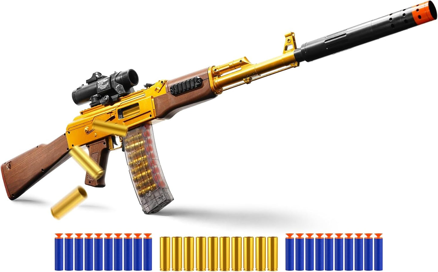 Jellybullet Automatic Foam Blaster 741132,  Soft Darts Shell Ejecting Blaster, Automatic Repeating & Manual Single Shooting Mode, Manual Banana Spring Magazine, 18+ (AKGOLD)
