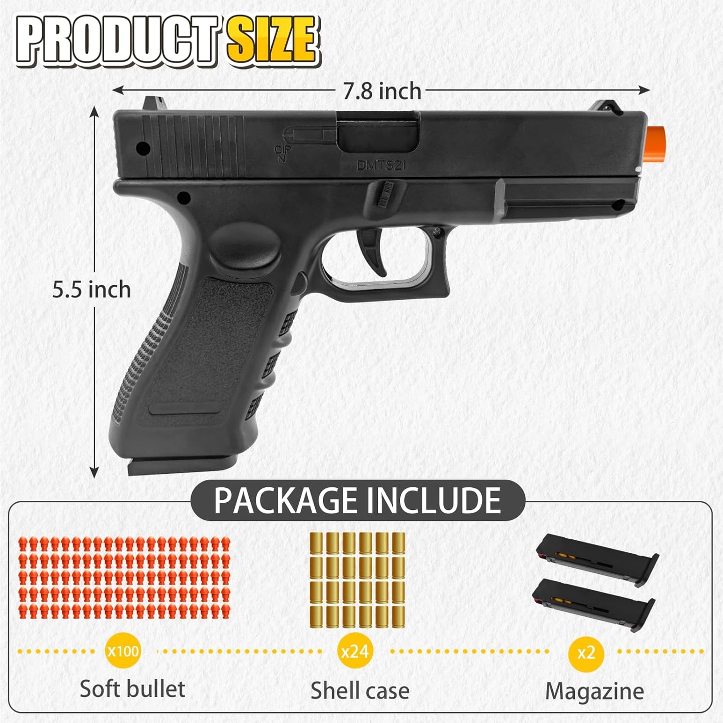 Soft Bullet Toy Gun with Shell Ejecting,Gun Fidget Toy with 100 Soft Bullets, 24 Shells and 2 Magazines,Education Toy Model,Christmas Birthday Gifts for Boys&Girls Kids Adults Age 8+(Black)