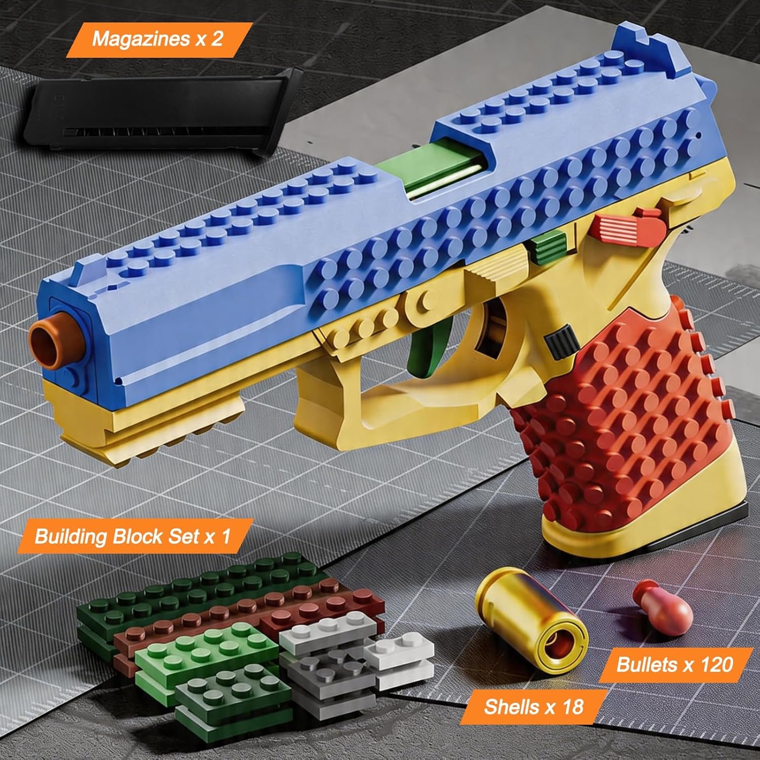 Building Brick Shell Ejecting Toy Gun, Block Mini Blaster Gun, Soft Bullet Toy Pistols for Kids, Boys and Girls (Blue)