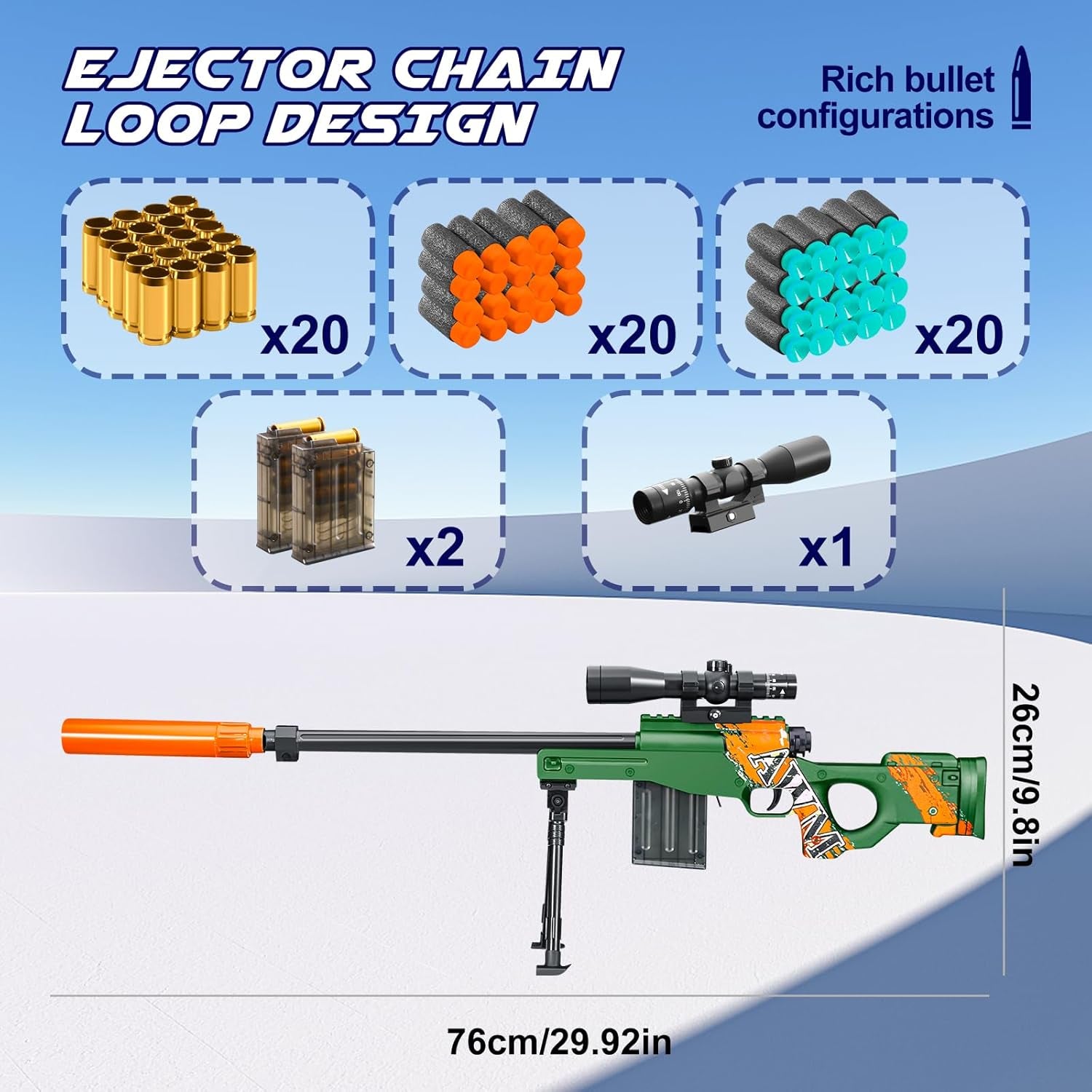 Realistic Soft Bullet Toy Gun Fake Foam Pellet Blasters Stress Shot Shell Ejecting with Scope Sniper Rifle Dare Prop for Boys Age 8+ 9 10 11 12 Year Birthday Gifts (Green)