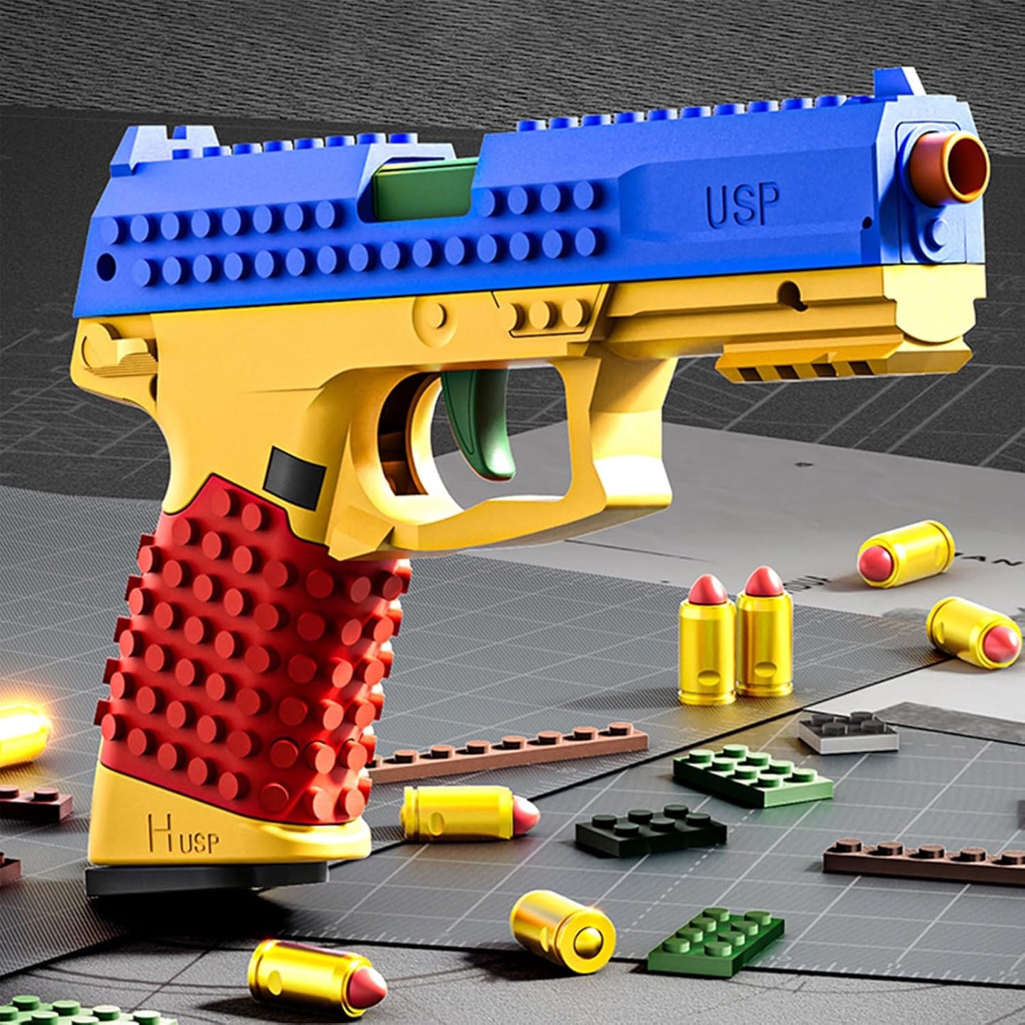 Building Brick Shell Ejecting Toy Gun, Block Mini Blaster Gun, Soft Bullet Toy Pistols for Kids, Boys and Girls (Blue)