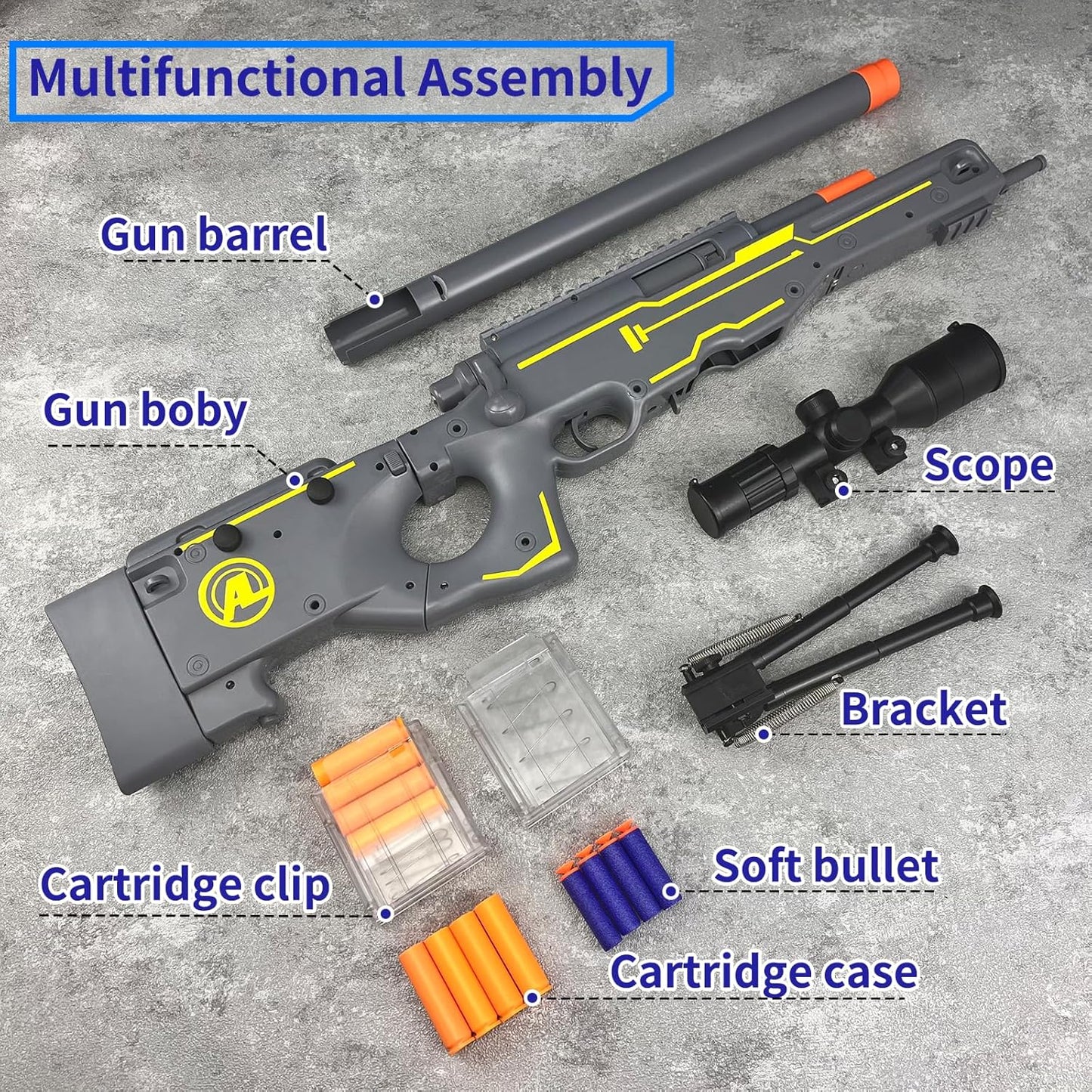 AWM Foam Dart Blaster, Shell Ejecting Model with Scope, Metal Components, Foldable Stock, 40 Darts, 20 Shells. Tactical CS Game Prop for Teens 14+ and Adults (Gold)