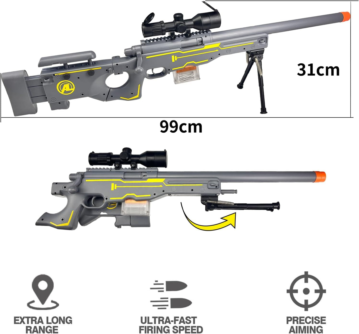 AWM Foam Dart Blaster, Shell Ejecting Model with Scope, Metal Components, Foldable Stock, 40 Darts, 20 Shells. Tactical CS Game Prop for Teens 14+ and Adults (Gold)