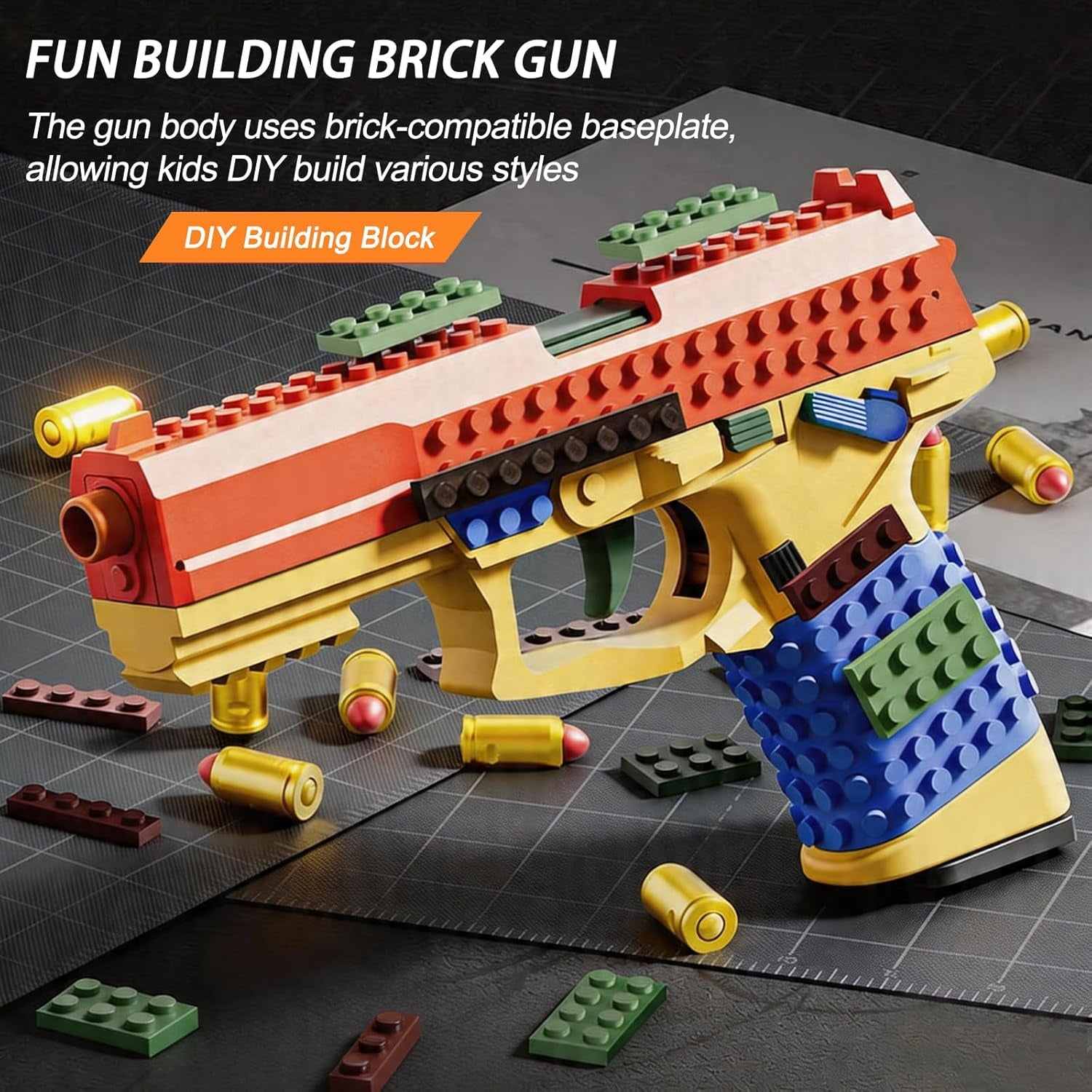Building Brick Shell Ejecting Toy Gun, Block Mini Blaster Gun, Soft Bullet Toy Pistols for Kids, Boys and Girls (Blue)