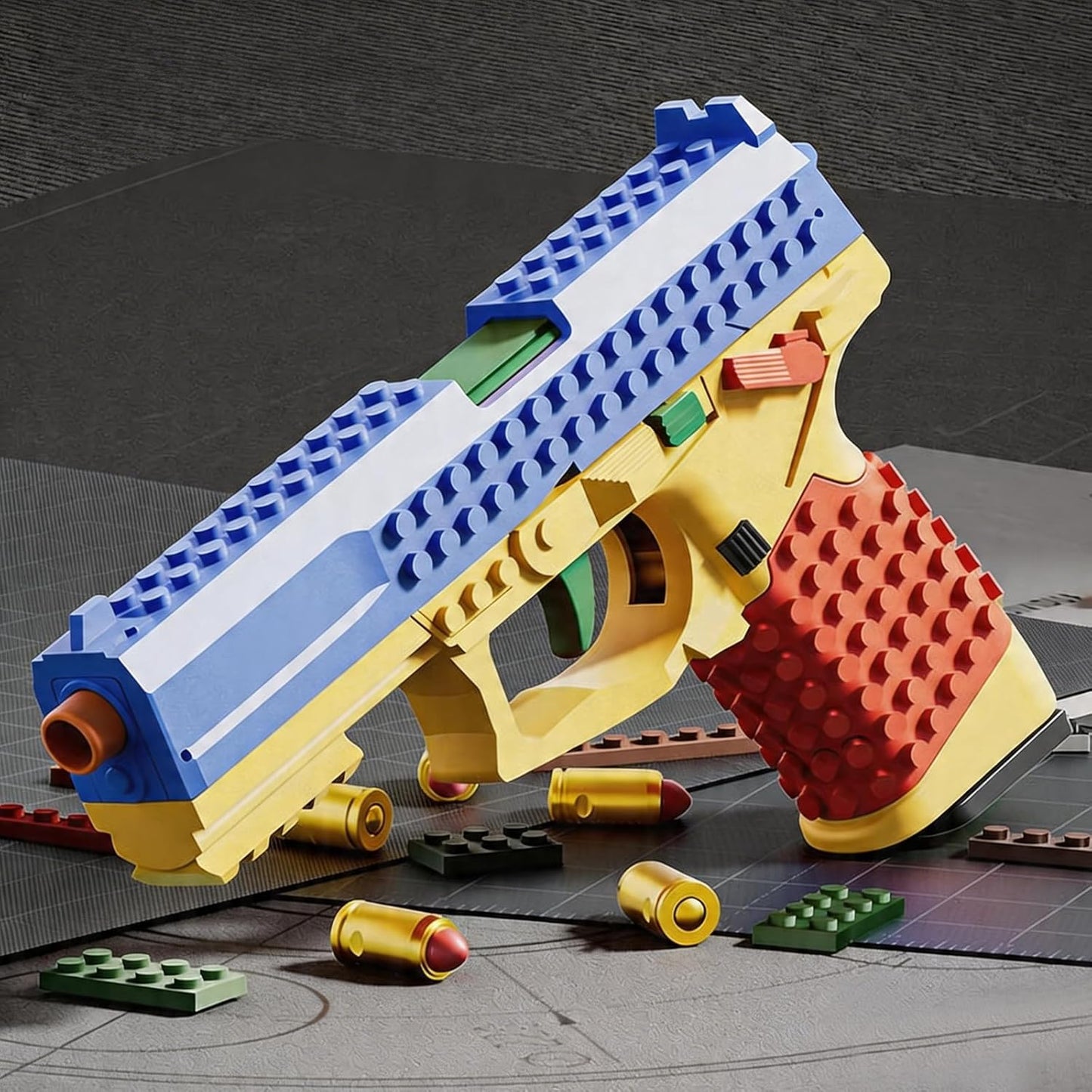 Building Brick Shell Ejecting Toy Gun, Block Mini Blaster Gun, Soft Bullet Toy Pistols for Kids, Boys and Girls (Blue)