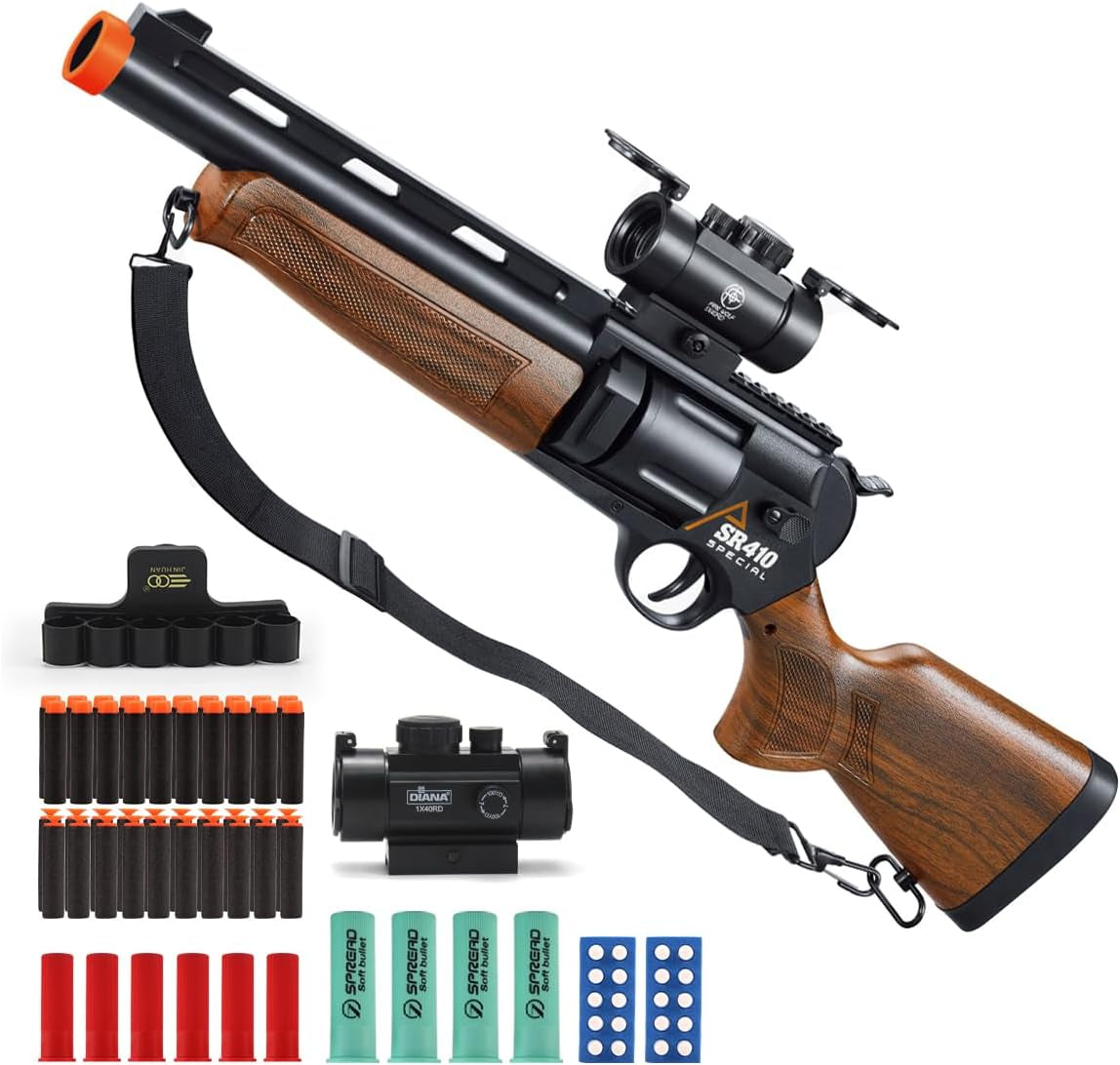 Foam Gun Revolver 2 in 1 Shotgun with 4X Scope Soft Foam Blaster Set Gift for Christmas Birthday with 60 Bullets 15 Shells Soft Bullet Revolver Foam Dart Pistol for Age 14+ (Brown)