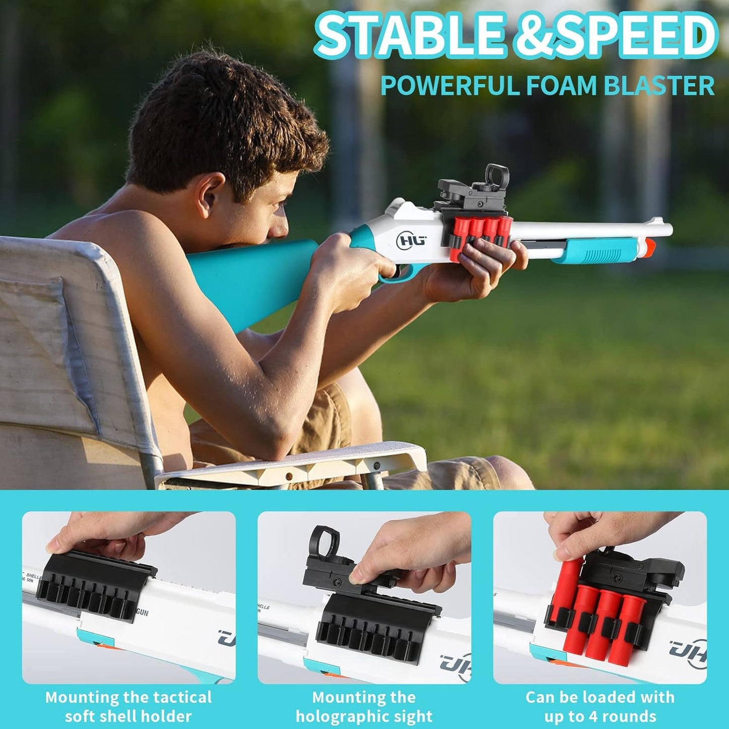 Toy Gun Models Foam Blasters (33-Inch) Jumping Shell Design [With10 Shell 40 Soft Darts] Perfect for Indoor and Outdoor Play (Blue-Green)