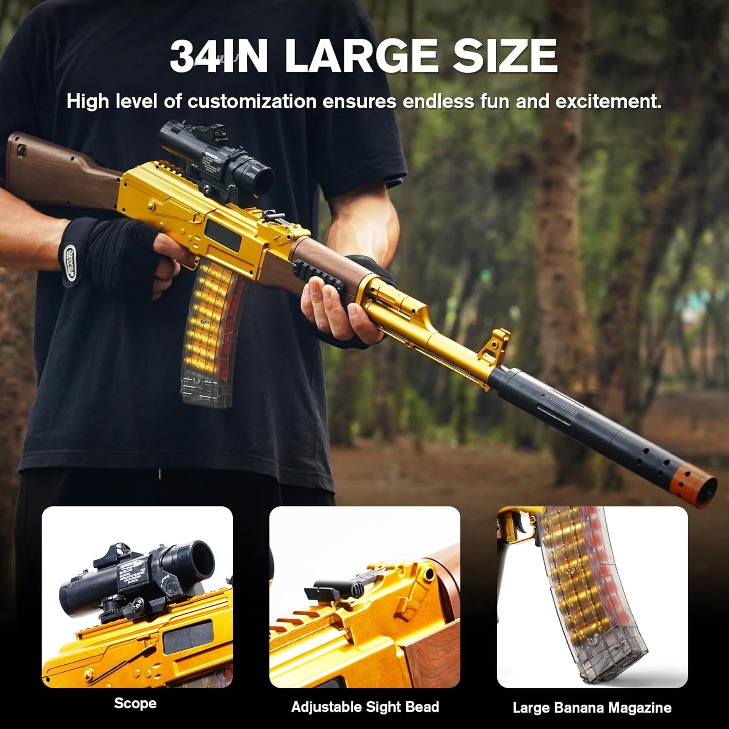 Jellybullet Automatic Foam Blaster 741132,  Soft Darts Shell Ejecting Blaster, Automatic Repeating & Manual Single Shooting Mode, Manual Banana Spring Magazine, 18+ (AKGOLD)