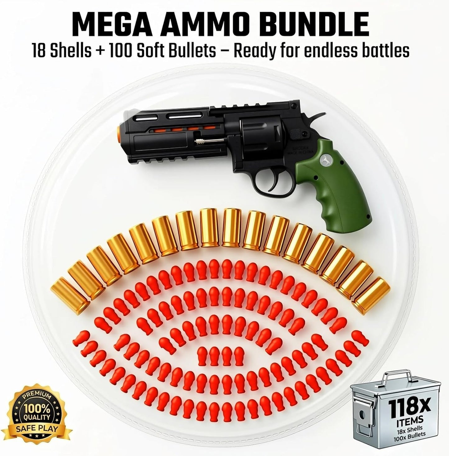 Green Revolver Toy Gun for Kids 8+ - Outdoor Foam Bullet Blaster with 18 Shells & 100 Bullets, 32 Feet Range, Steel Ejector Rod & Auto-Rotating Cylinder for Backyard Battles