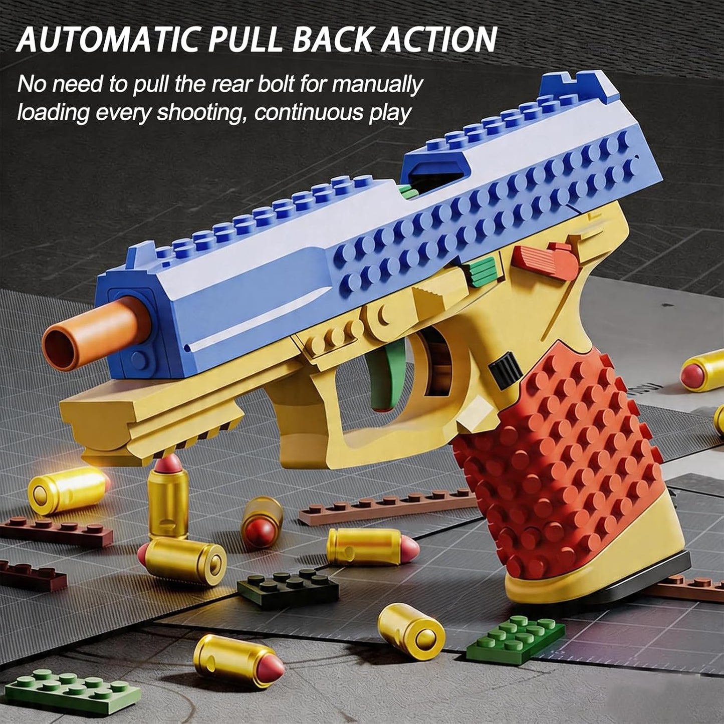 Building Brick Shell Ejecting Toy Gun, Block Mini Blaster Gun, Soft Bullet Toy Pistols for Kids, Boys and Girls (Blue)