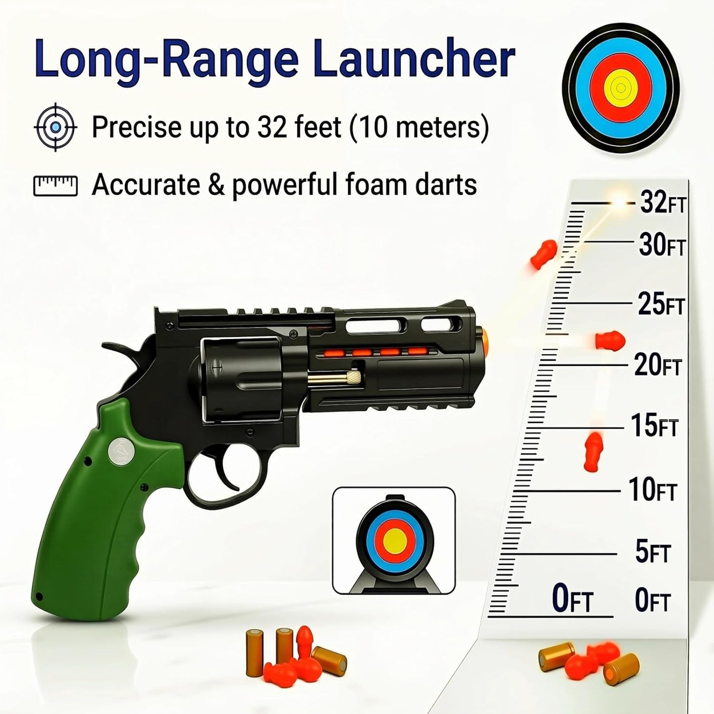 Green Revolver Toy Gun for Kids 8+ - Outdoor Foam Bullet Blaster with 18 Shells & 100 Bullets, 32 Feet Range, Steel Ejector Rod & Auto-Rotating Cylinder for Backyard Battles