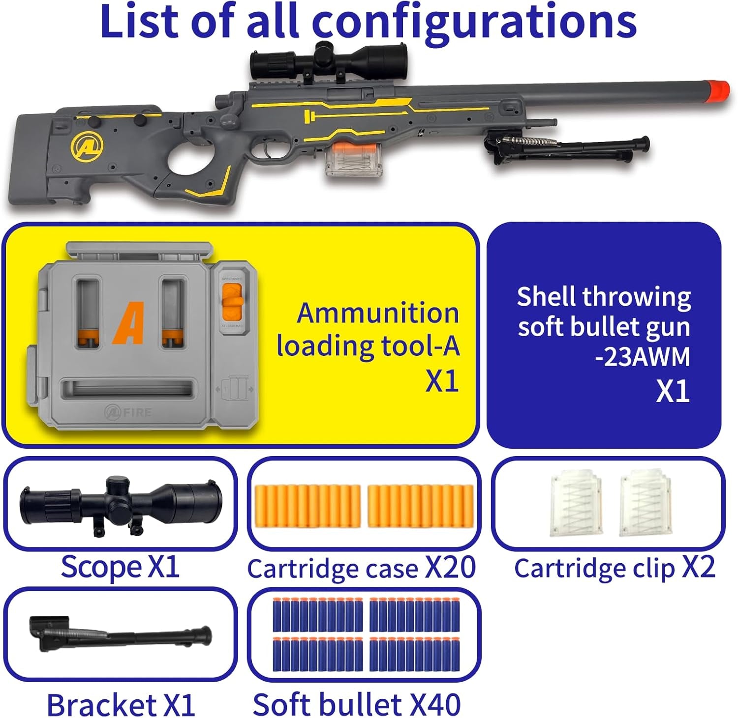 AWM Foam Dart Blaster, Shell Ejecting Model with Scope, Metal Components, Foldable Stock, 40 Darts, 20 Shells. Tactical CS Game Prop for Teens 14+ and Adults (Gold)