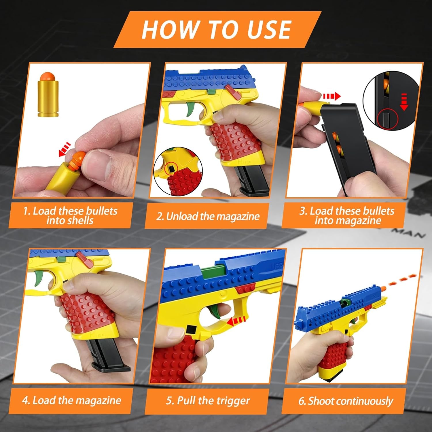 Building Brick Shell Ejecting Toy Gun, Block Mini Blaster Gun, Soft Bullet Toy Pistols for Kids, Boys and Girls (Blue)