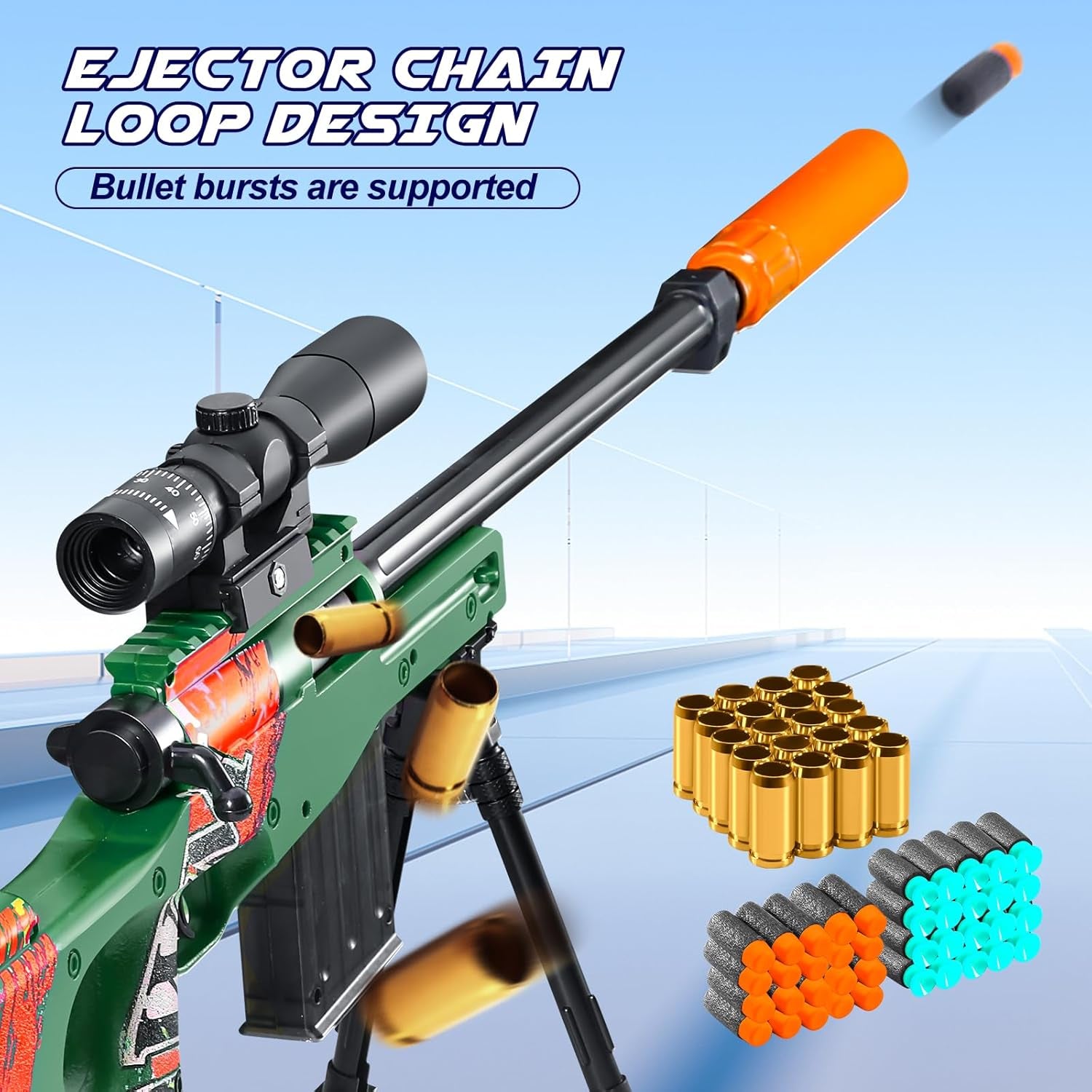 Realistic Soft Bullet Toy Gun Fake Foam Pellet Blasters Stress Shot Shell Ejecting with Scope Sniper Rifle Dare Prop for Boys Age 8+ 9 10 11 12 Year Birthday Gifts (Green)