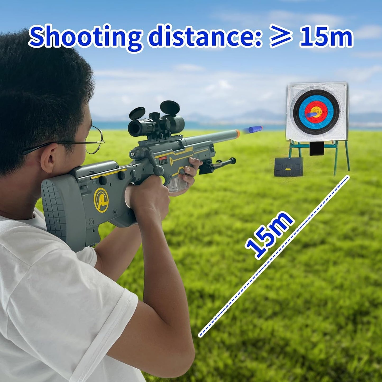 AWM Foam Dart Blaster, Shell Ejecting Model with Scope, Metal Components, Foldable Stock, 40 Darts, 20 Shells. Tactical CS Game Prop for Teens 14+ and Adults (Gold)