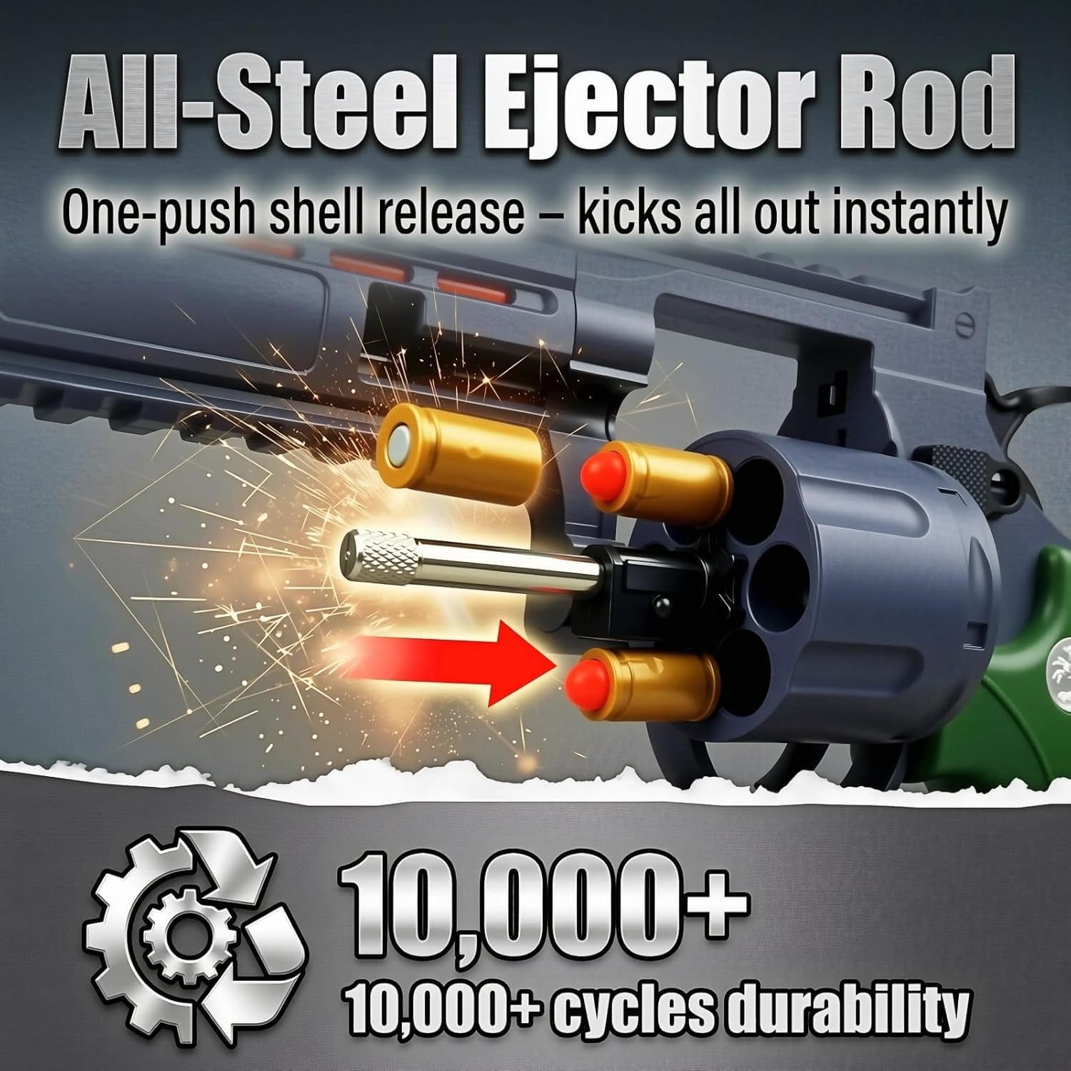 Green Revolver Toy Gun for Kids 8+ - Outdoor Foam Bullet Blaster with 18 Shells & 100 Bullets, 32 Feet Range, Steel Ejector Rod & Auto-Rotating Cylinder for Backyard Battles